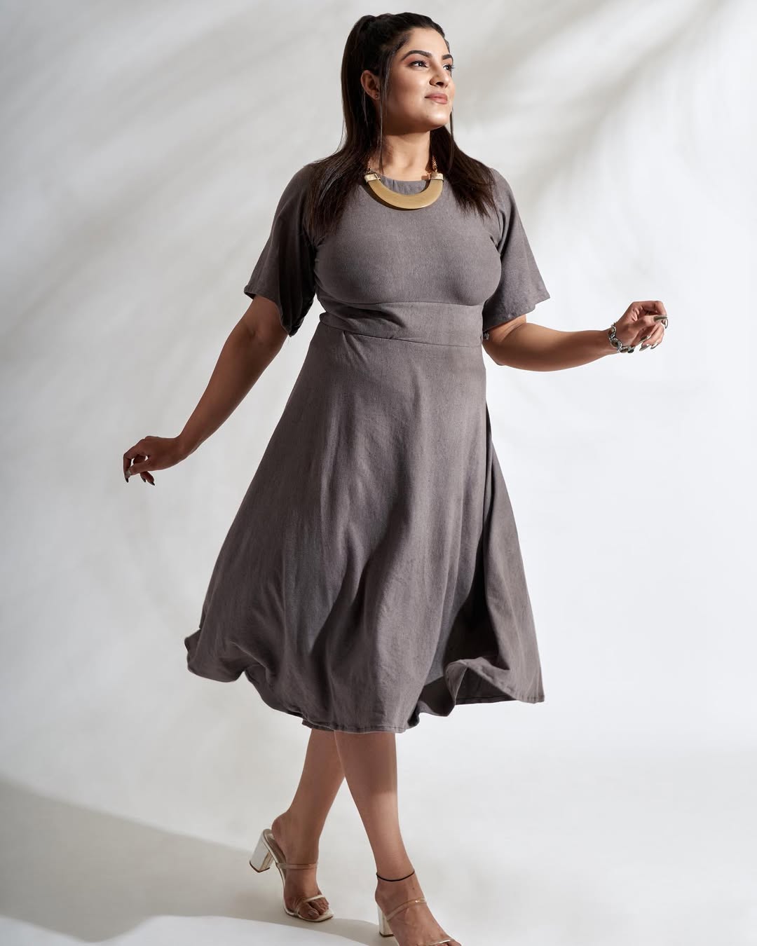 Earthy Solid A-line Dress - Front View